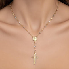 14k Tri-color Gold Beaded Rosary Cross Necklace, 17 to 20 Adjustable
