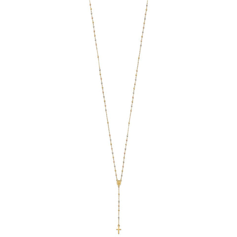 14k Tri-color Gold Beaded Rosary Cross Necklace, 17 to 20 Adjustable