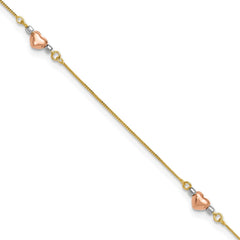 14k Tri-Color Gold Puffed Heart Charms Anklet, Adjustable 9 to 10