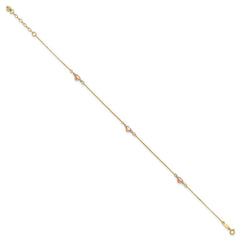 14k Tri-Color Gold Puffed Heart Charms Anklet, Adjustable 9 to 10