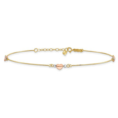 14k Tri-Color Gold Puffed Heart Charms Anklet, Adjustable 9 to 10