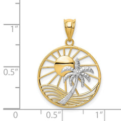 14K Two - Tone Gold Beach Scene Pendant, Sun and Palm Tree Design, 20mm - JewelryAffairs