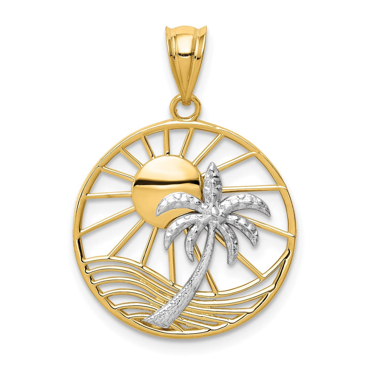 14K Two - Tone Gold Beach Scene Pendant, Sun and Palm Tree Design, 20mm - JewelryAffairs