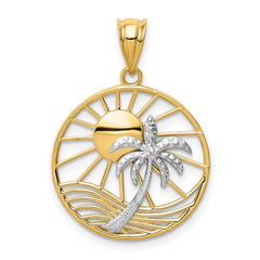 14K Two - Tone Gold Beach Scene Pendant, Sun and Palm Tree Design, 20mm - JewelryAffairs