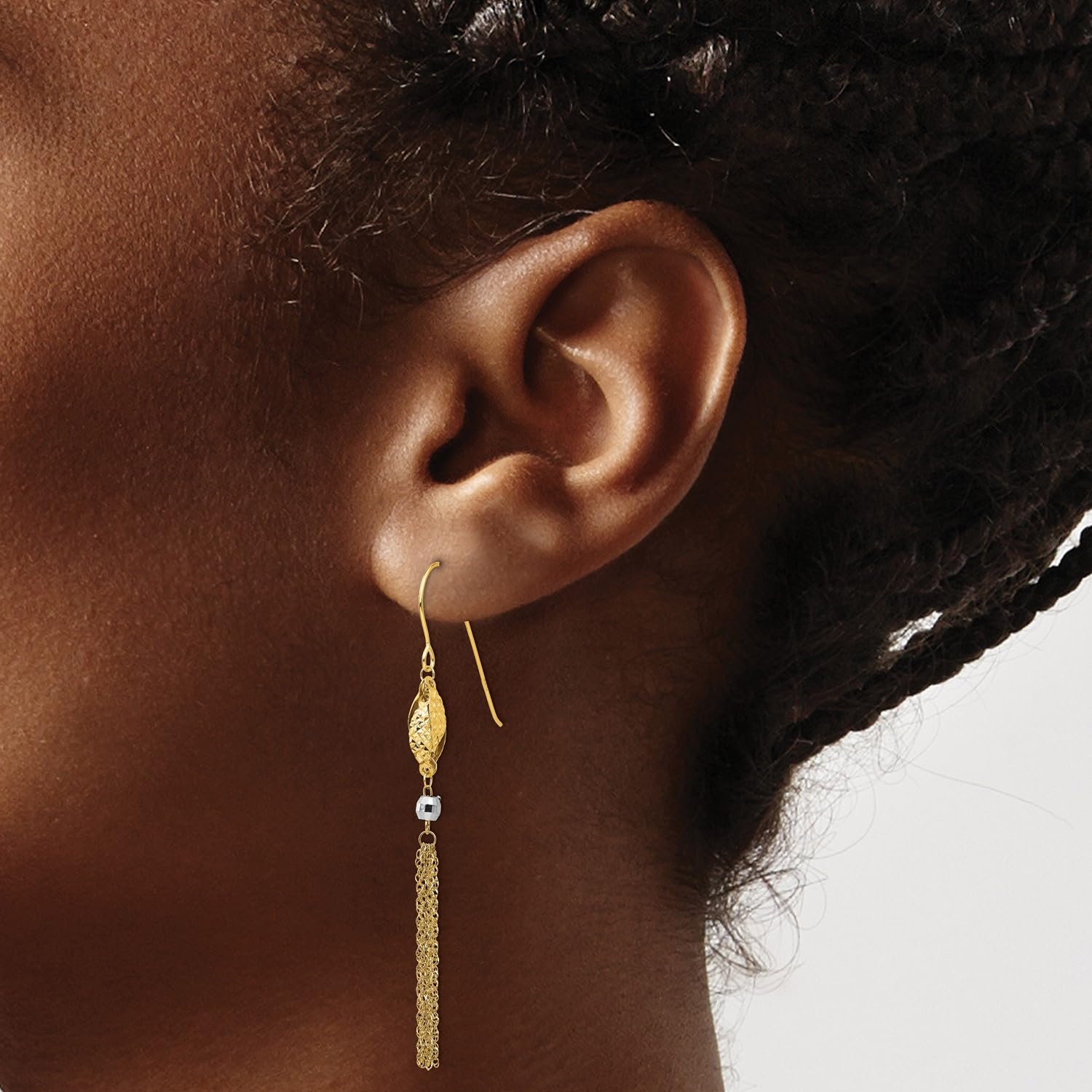 14k Two-tone Yellow Gold Bead and Chain Dangle Earrings, 55mm Length