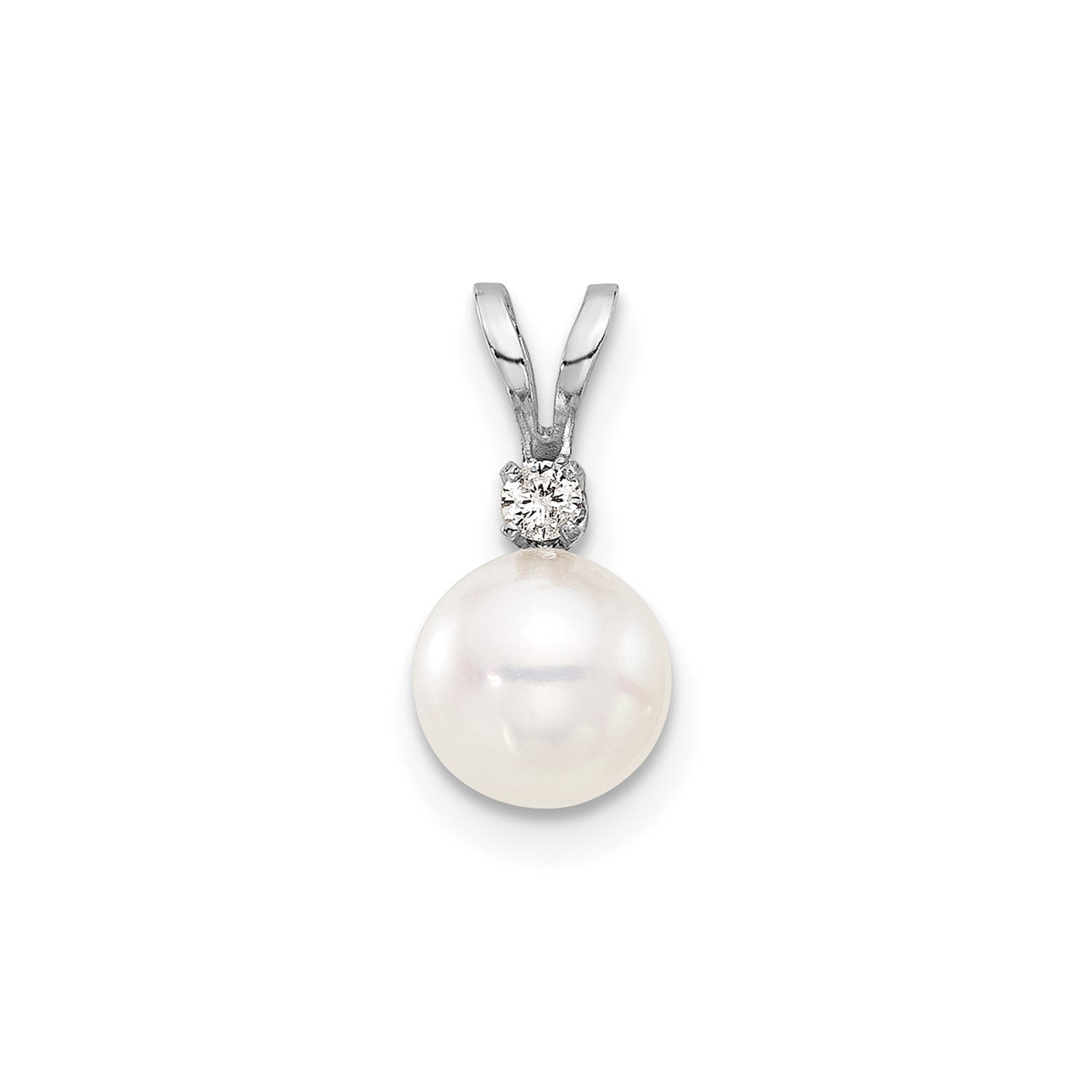 14K White 7mm Round White Akoya Pearl and .03ct Diamond Pendant - JewelryAffairs