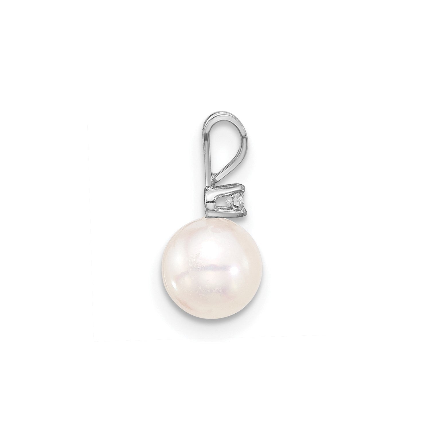 14K White 7mm Round White Akoya Pearl and .03ct Diamond Pendant - JewelryAffairs