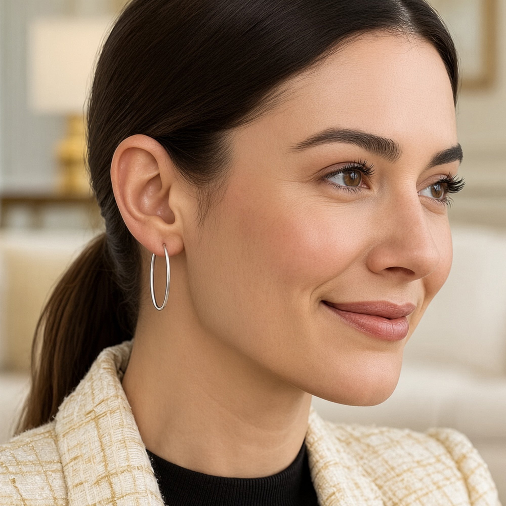 14k White Gold 1.5mm Shiny Round Tube Hoop Earrings