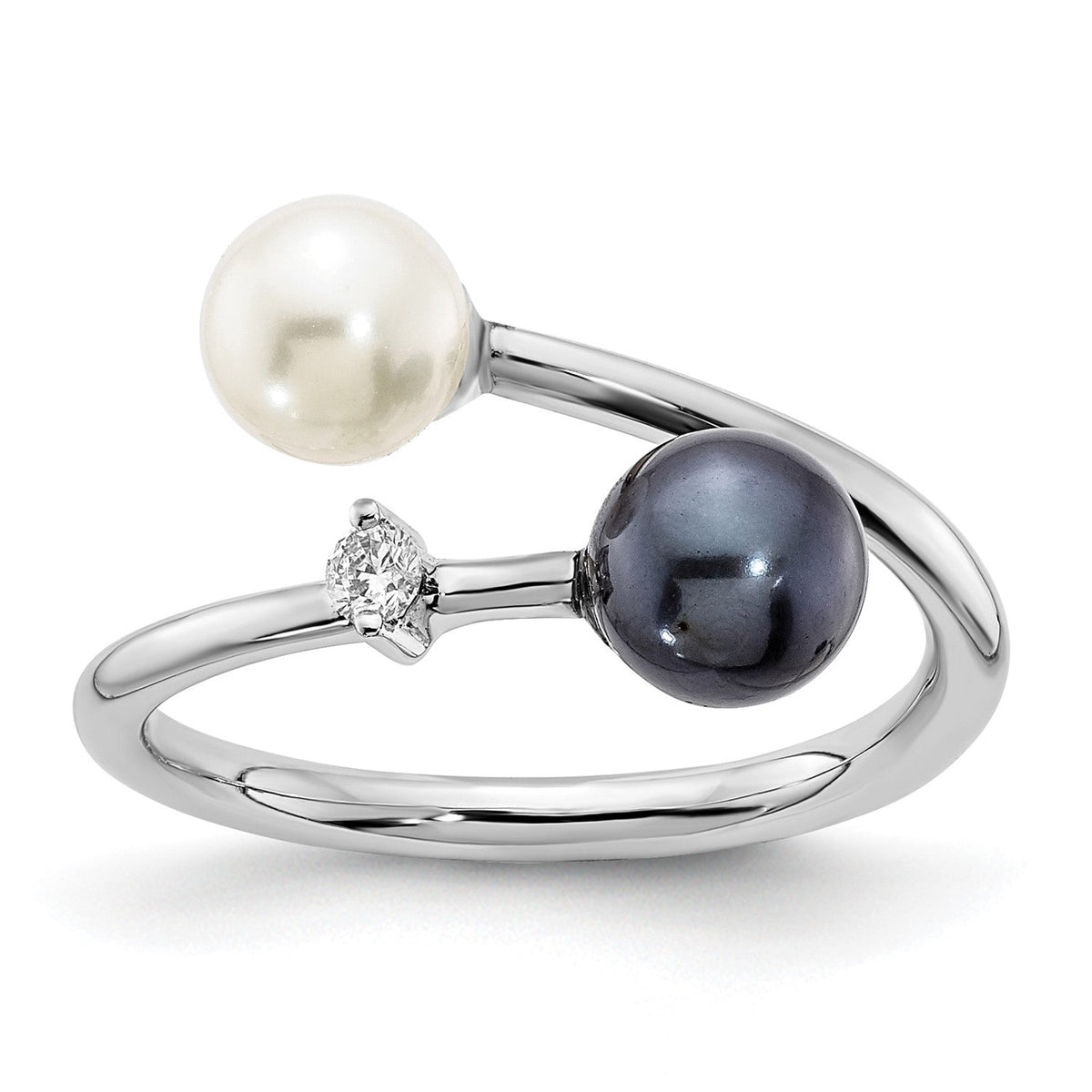 14K White Gold 6mm Black and White Pearl Diamond Adjustable Ring - JewelryAffairs