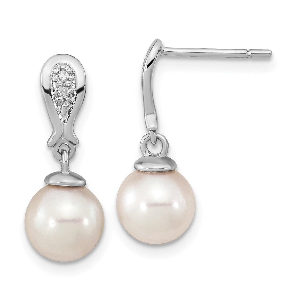 14K White Gold 7 - 8mm Round White Pearl .03ct Diamond Dangle Earrings - JewelryAffairs