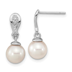 14K White Gold 7 - 8mm Round White Pearl .03ct Diamond Dangle Earrings - JewelryAffairs