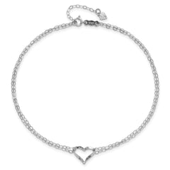 14k White Gold Double Heart Charm Adjustable Anklet, 9 to10