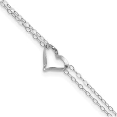 14k White Gold Double Heart Charm Adjustable Anklet, 9 to10