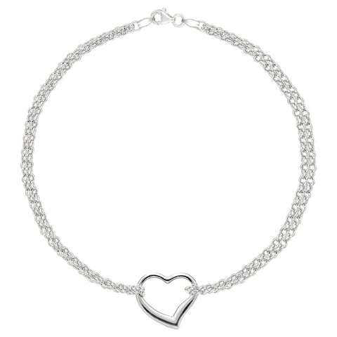 14K White Gold Double Strand With Heart Anklet, 10
