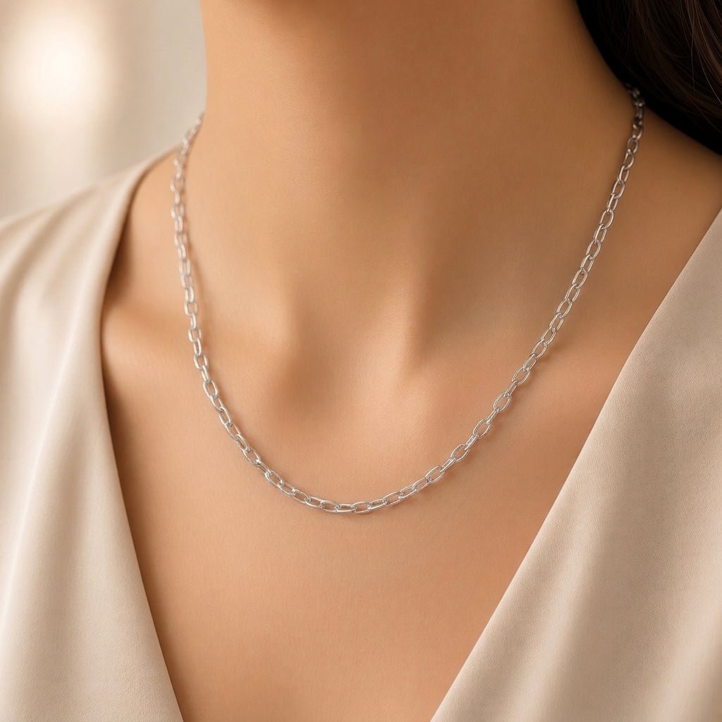 14k White Gold Oval Rolo Link Chain Necklace, 3.2mm, 18"