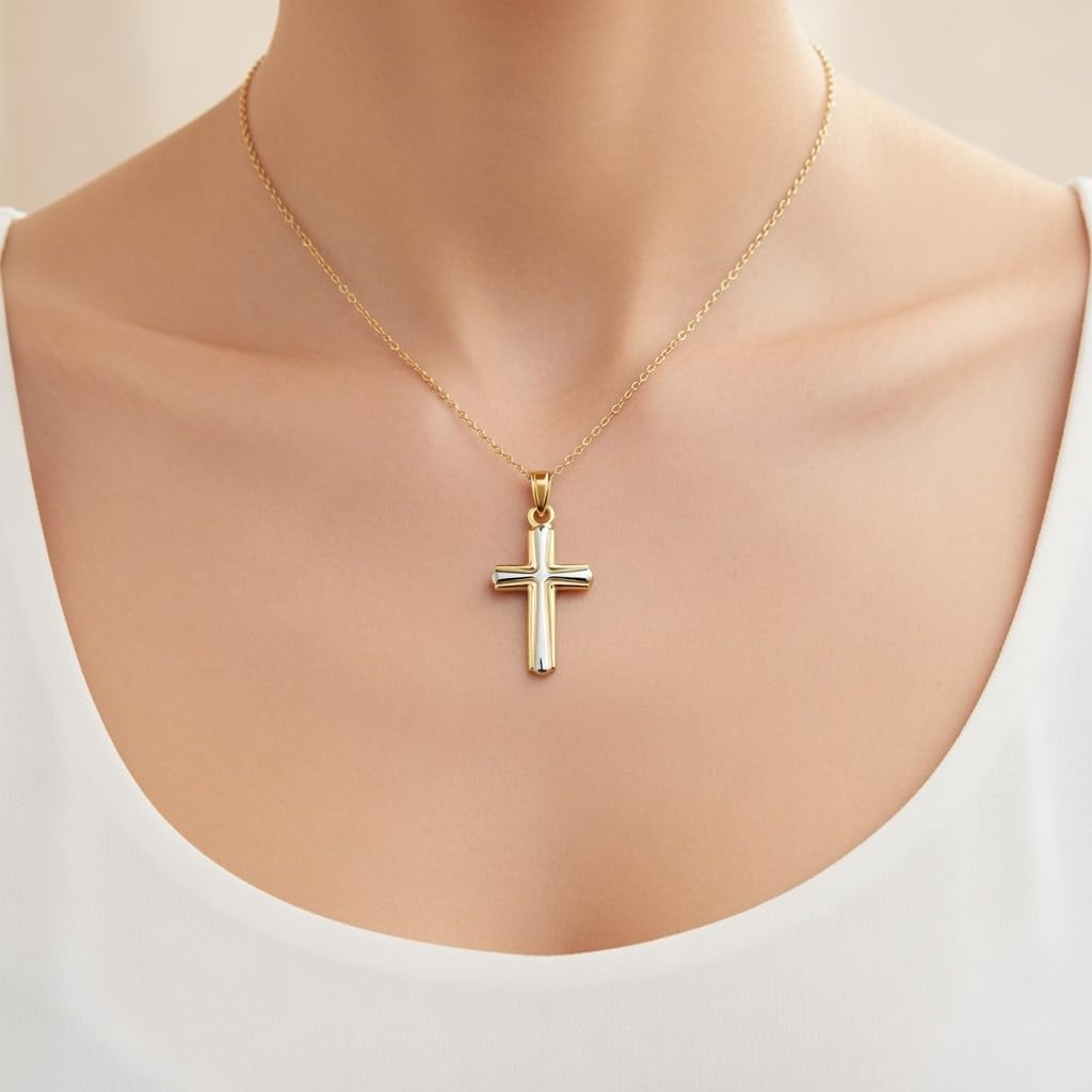 14k Yellow and White Gold Cross Unisex Pendant - JewelryAffairs