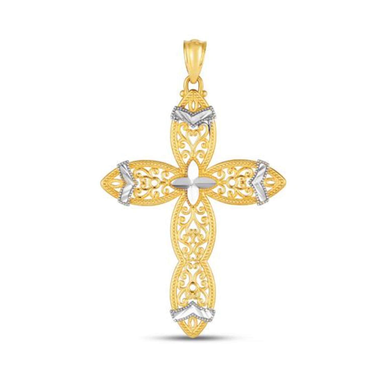 14K Yellow And White Gold Filigree Cross Charm Pendant - JewelryAffairs