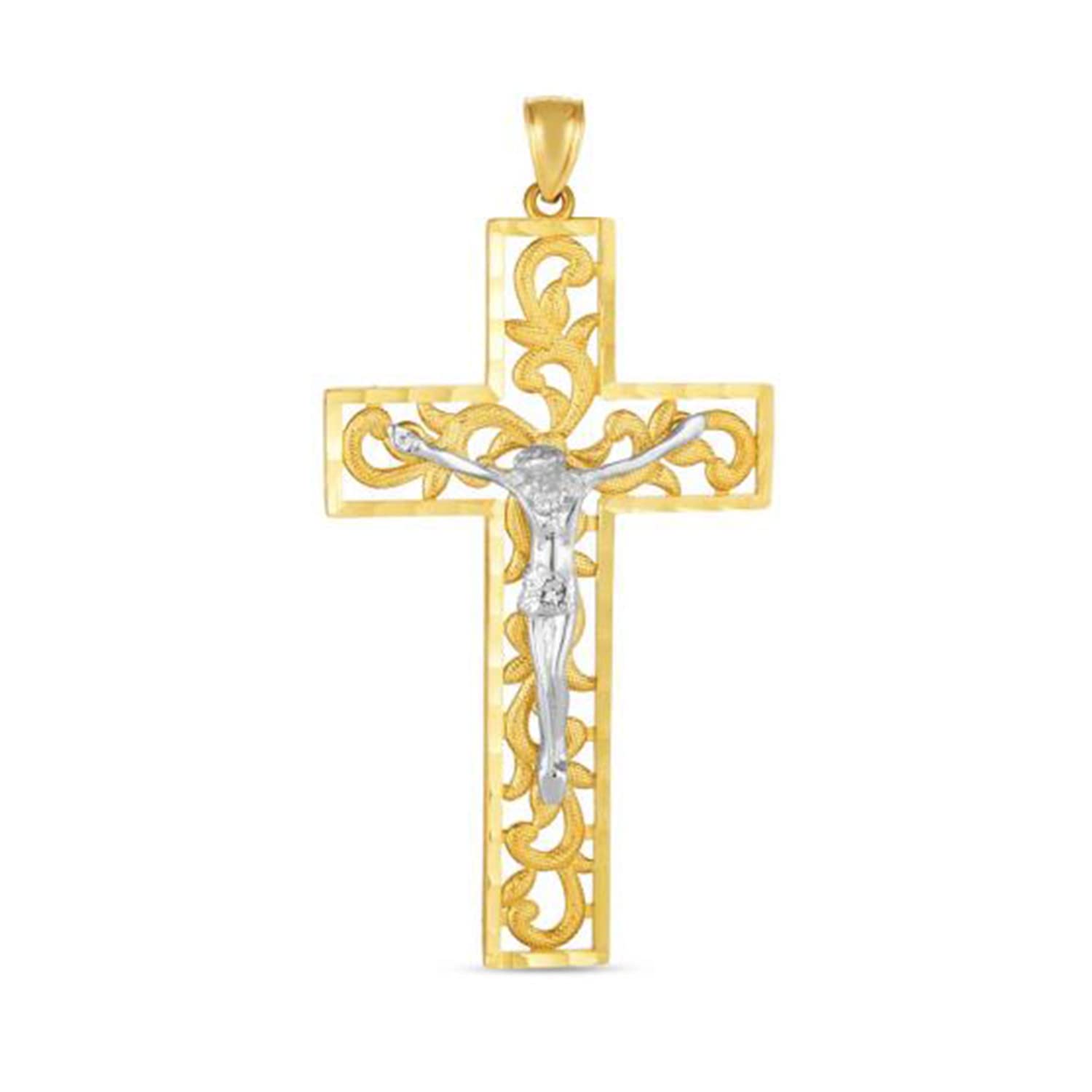 14K Yellow And White Gold Jesus Cross Charm Pendant