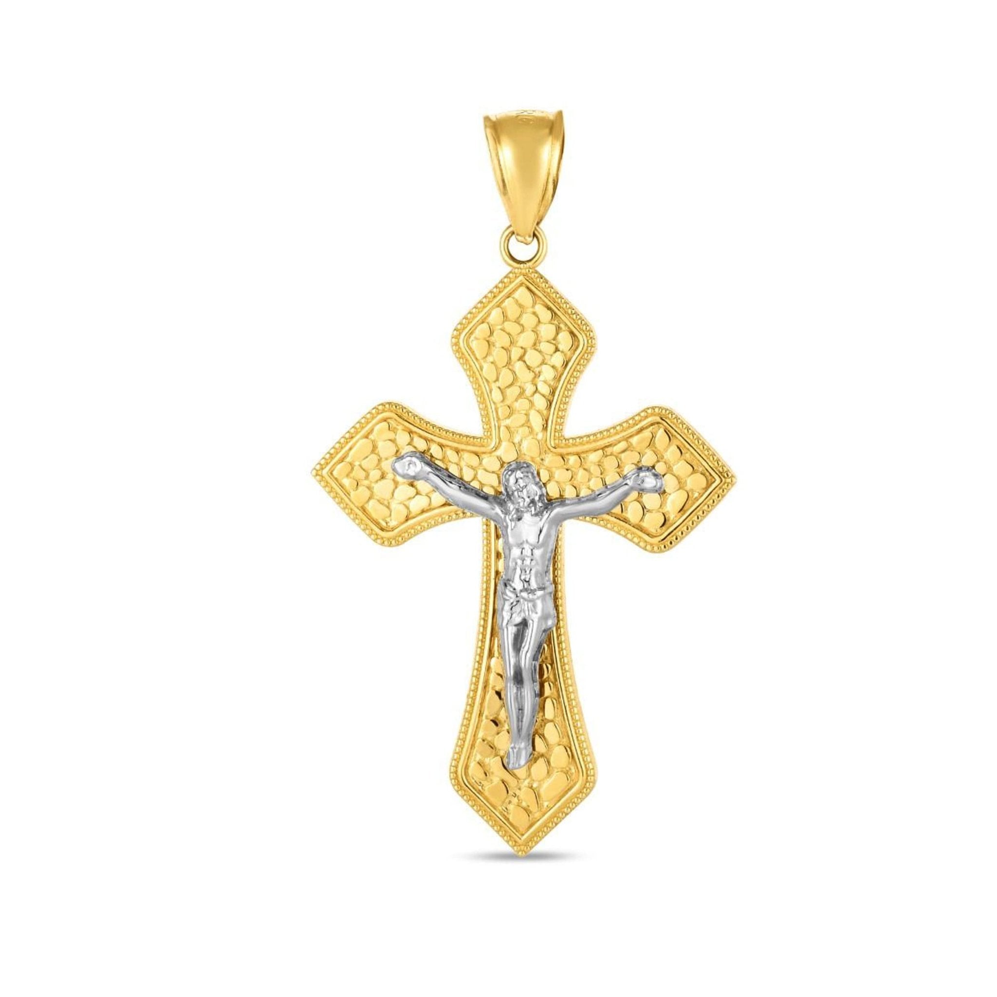 14K Yellow And White Gold Texture Jesus Cross Charm Pendant, 50x25mm - JewelryAffairs