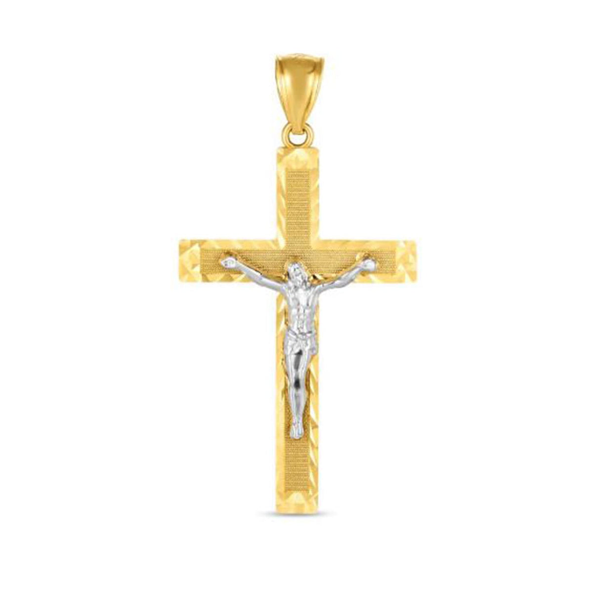 14K Yellow And White Gold Texture Jesus Cross Charm Pendant
