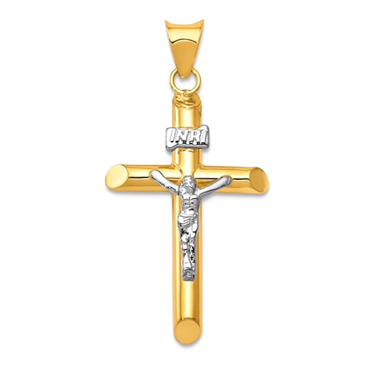 14k Yellow and White Real Gold Jesus Cross Charm Pendant, 35x15mm - JewelryAffairs