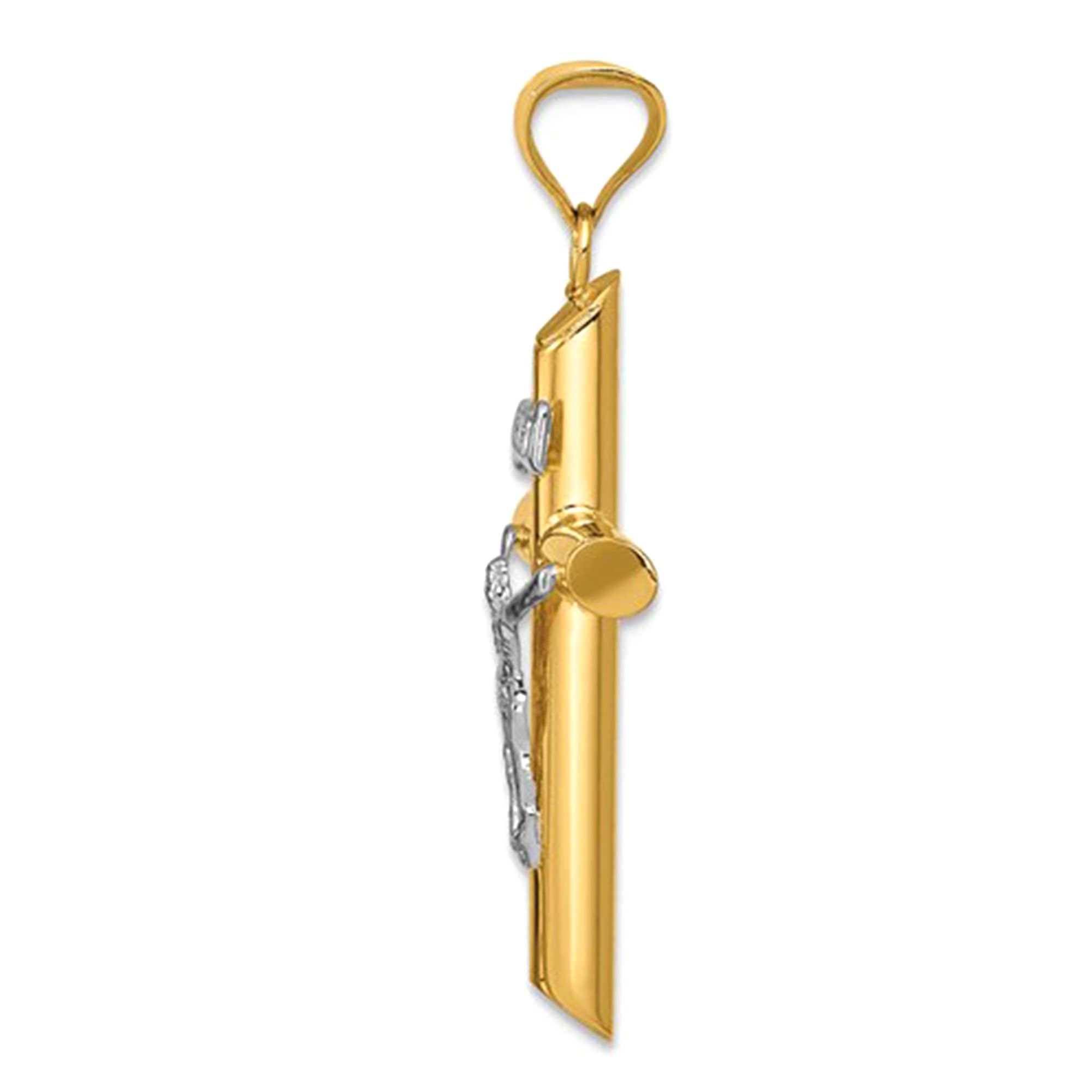 14k Yellow and White Real Gold Jesus Cross Charm Pendant, 35x15mm - JewelryAffairs