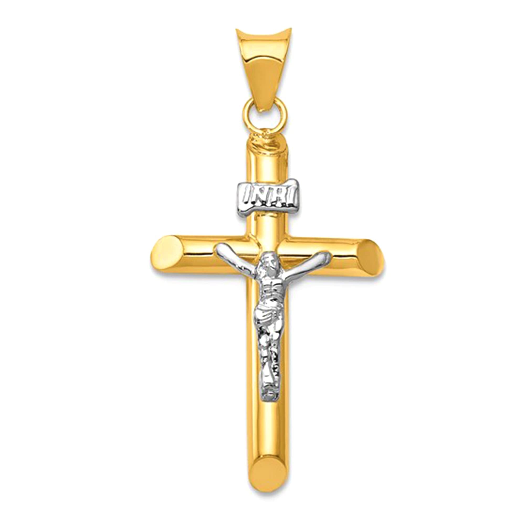 14k Yellow and White Real Gold Jesus Cross Charm Pendant, 35x15mm - JewelryAffairs