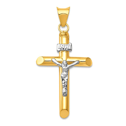 14k Yellow and White Real Gold Jesus Cross Charm Pendant, 35x15mm