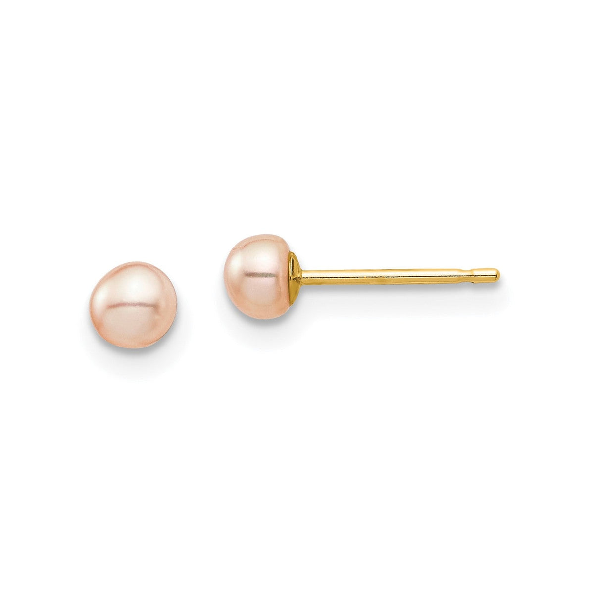 14k Yellow Gold 3 - 4mm Pink Button Freshwater Cultured Pearl Stud Post Earrings - JewelryAffairs