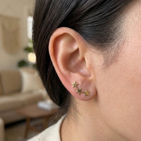 14K Yellow Gold 3 Star Climber Stud Earrings