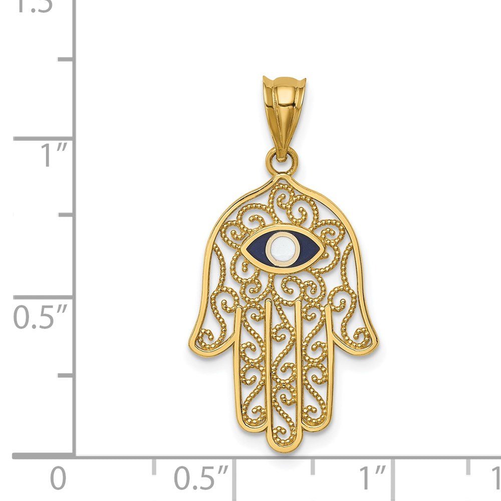 14K Yellow Gold and Enamel Filigree Hamsa Pendant, 30mm - JewelryAffairs