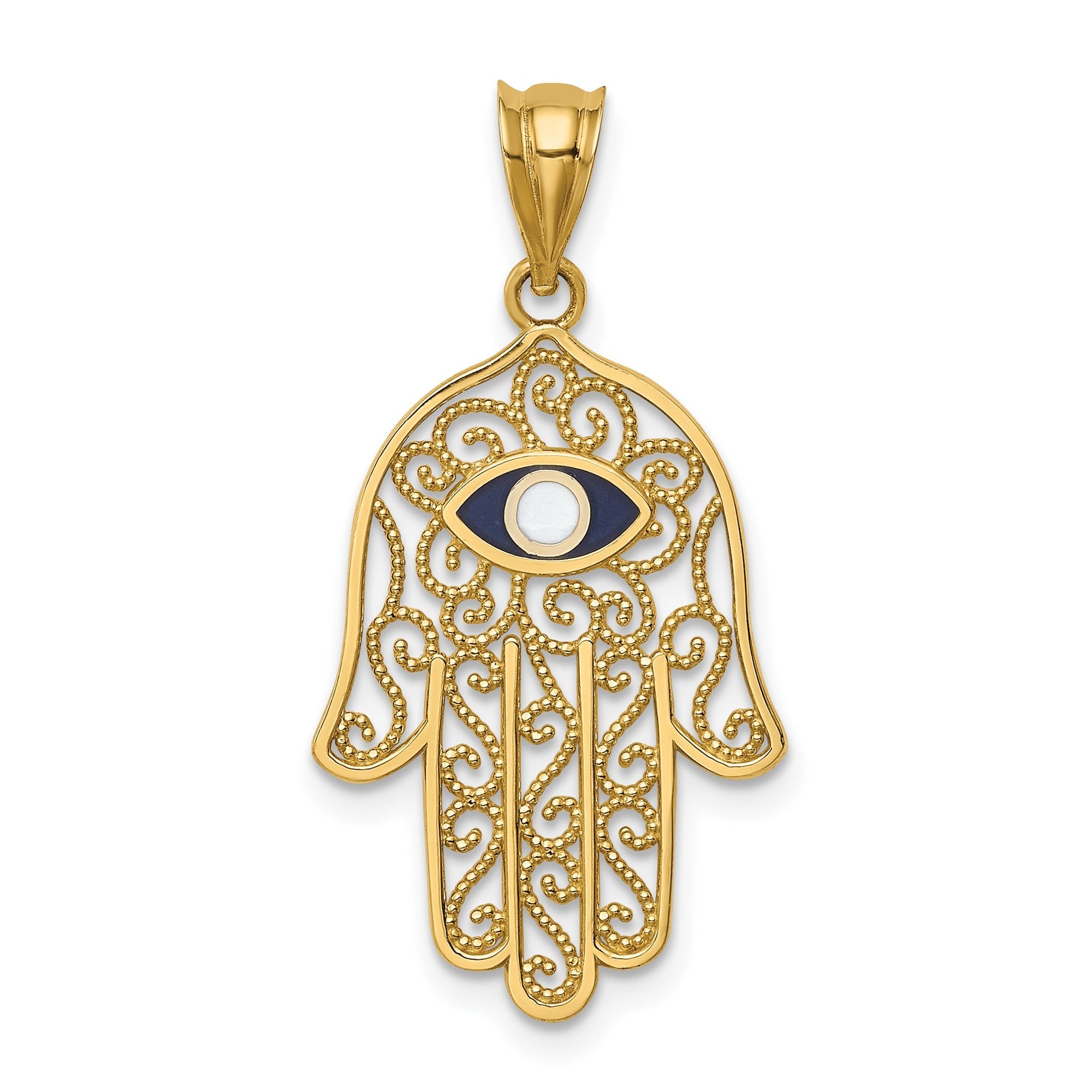 14K Yellow Gold and Enamel Filigree Hamsa Pendant, 30mm - JewelryAffairs