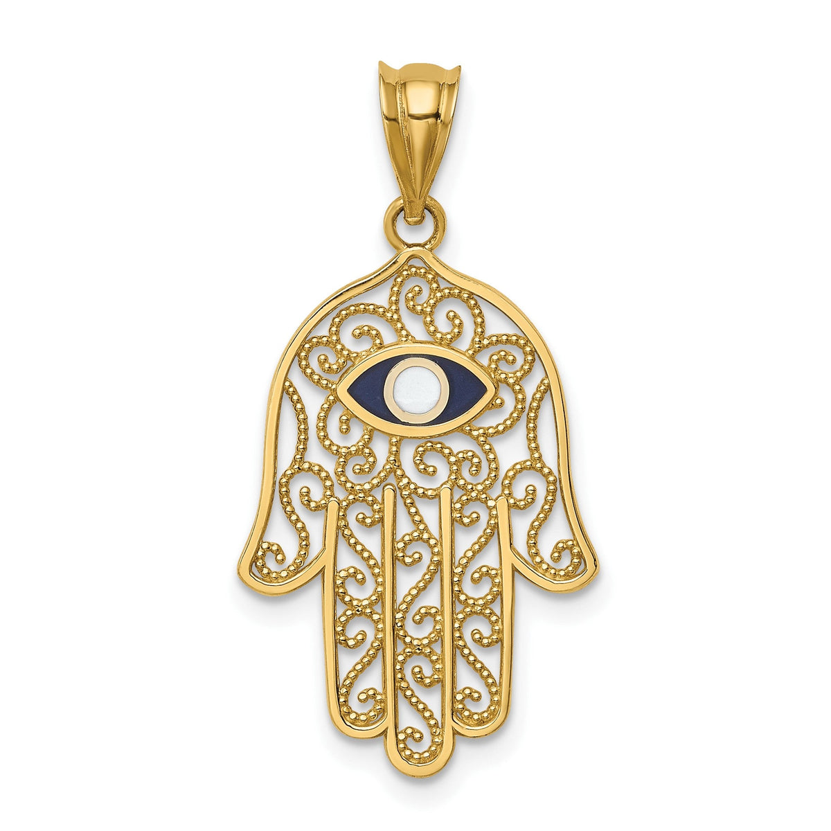14K Yellow Gold and Enamel Filigree Hamsa Pendant, 30mm - JewelryAffairs
