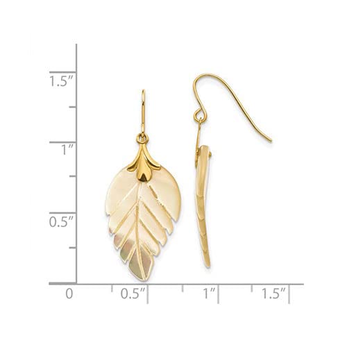14k Yellow Gold and Mother of Pearl Leaf Dangle Drop Earrings - JewelryAffairs