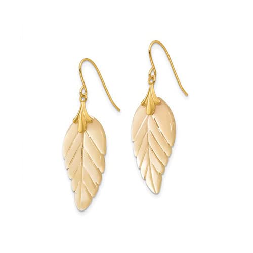 14k Yellow Gold and Mother of Pearl Leaf Dangle Drop Earrings - JewelryAffairs