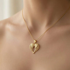 14k Yellow Gold Angel Wings Heart Pendant, 19x13mm