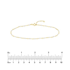 14K Yellow Gold Anklet with White Enamel Beads, Chain Style, 10 Inches