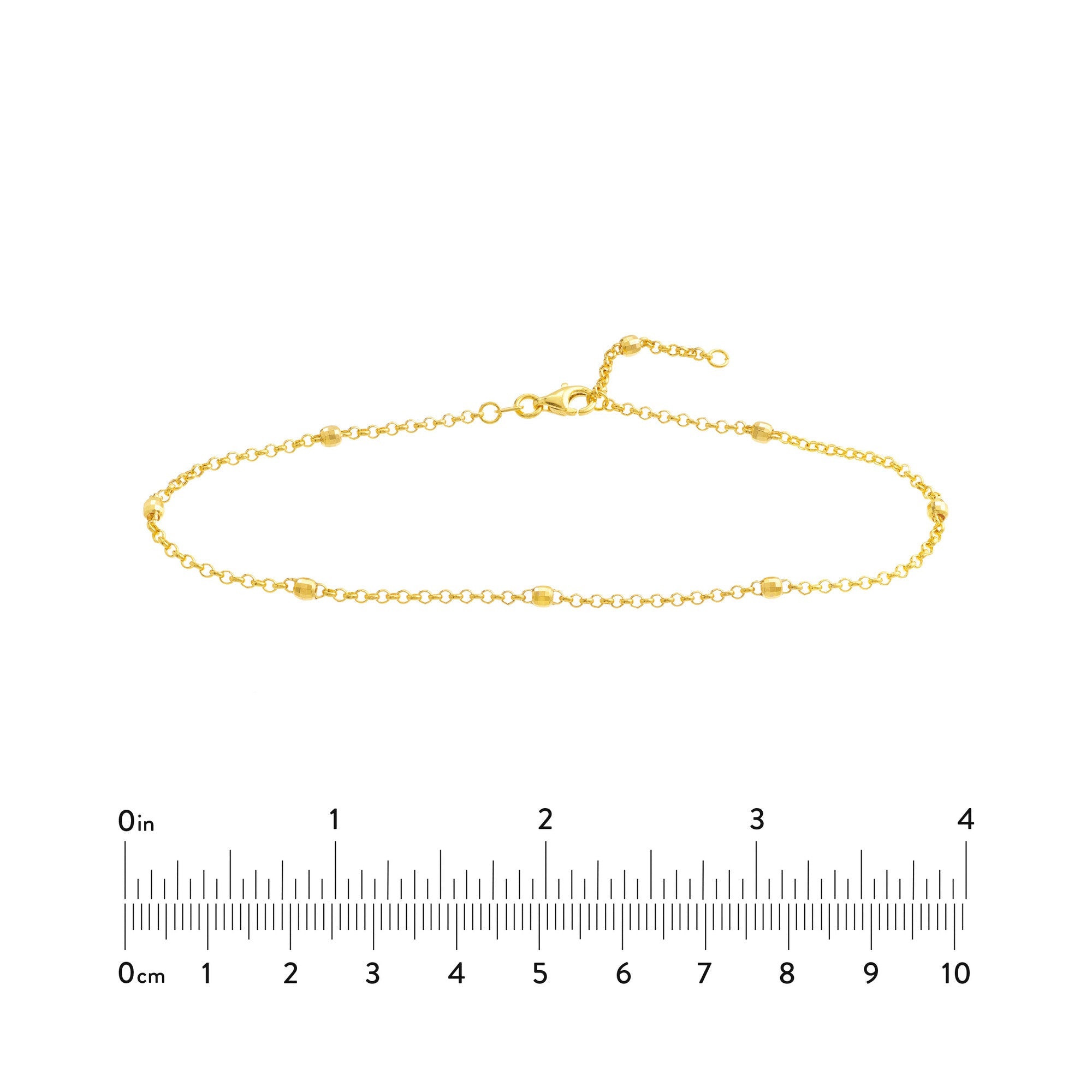 14k Yellow Gold Bead Station Rolo Chain Adjustable Anklet, 10"