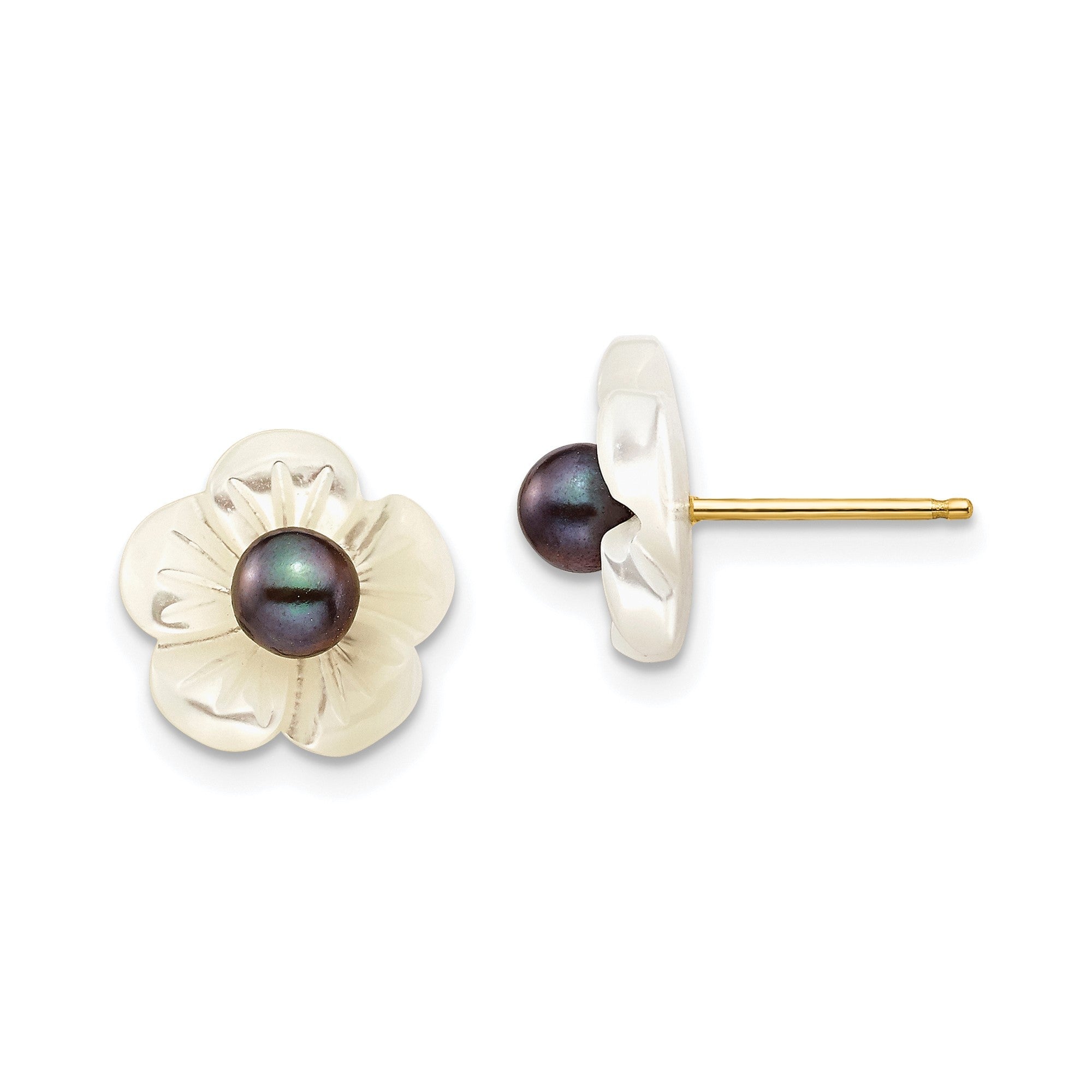 14k Yellow Gold Black Pearl & Mother of Pearl Flower Post Earrings,10mm - JewelryAffairs
