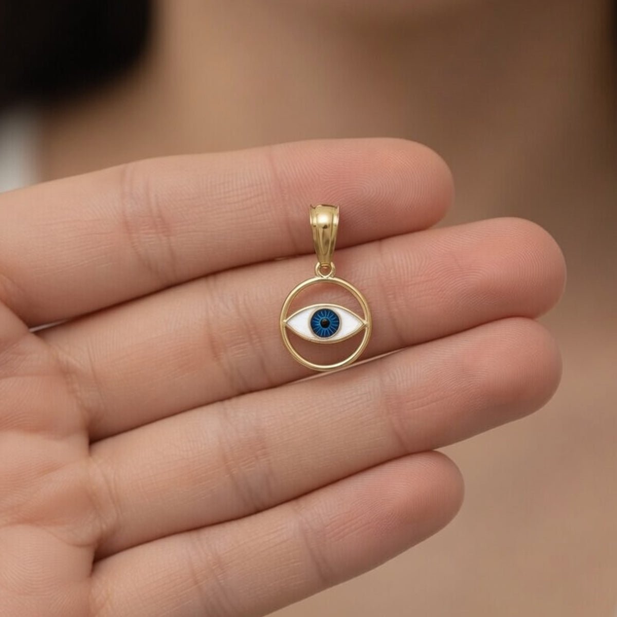 14k Yellow Gold Blue Enamel Eye Pendant, 16mm - JewelryAffairs