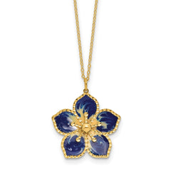 14K Yellow Gold Blue Enamel Flower Pendant Necklace, 16 Inch Chain with 2 Inch Extension