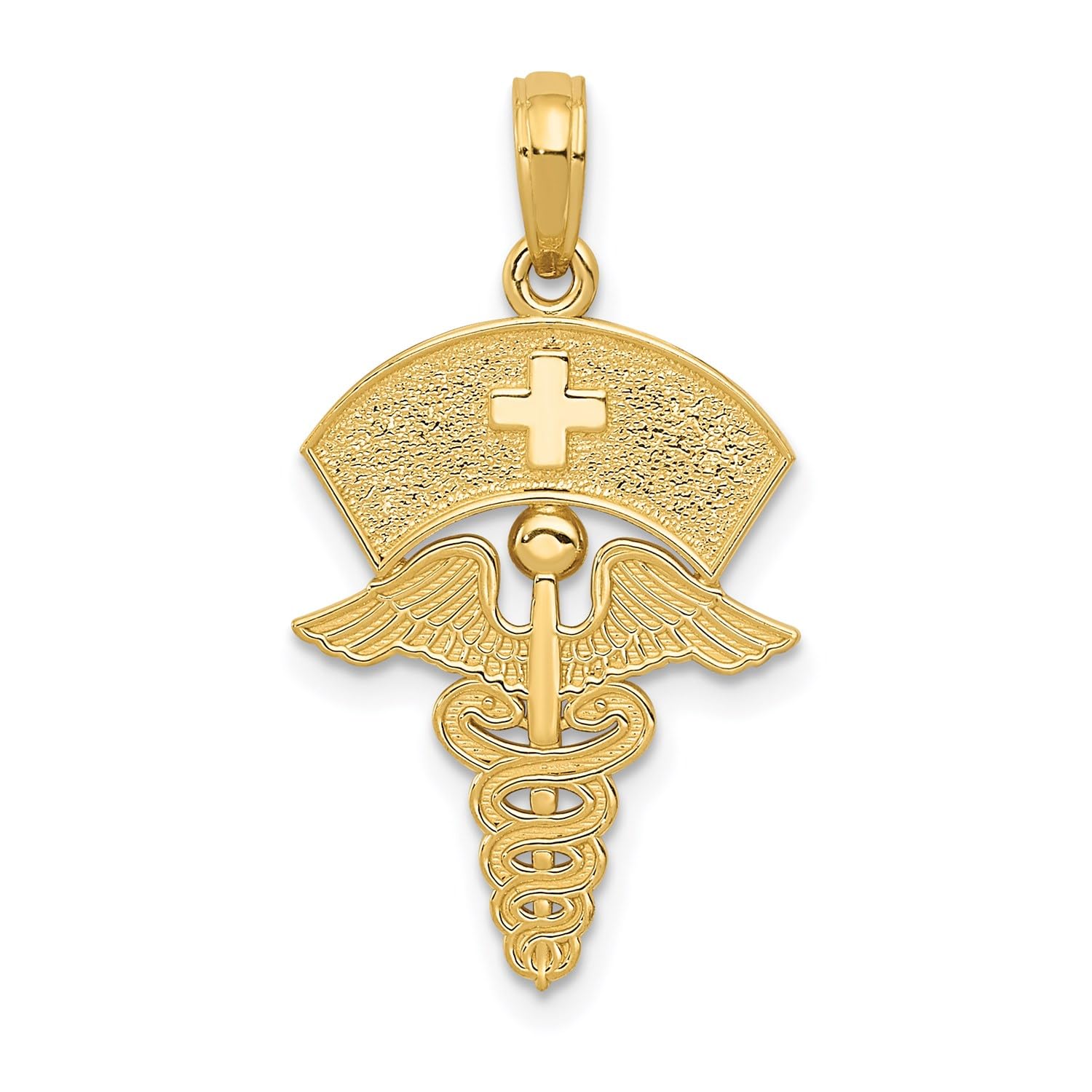 14k Yellow Gold Caduceus Registered Nurse Cap Pendant, 30x15mm - JewelryAffairs