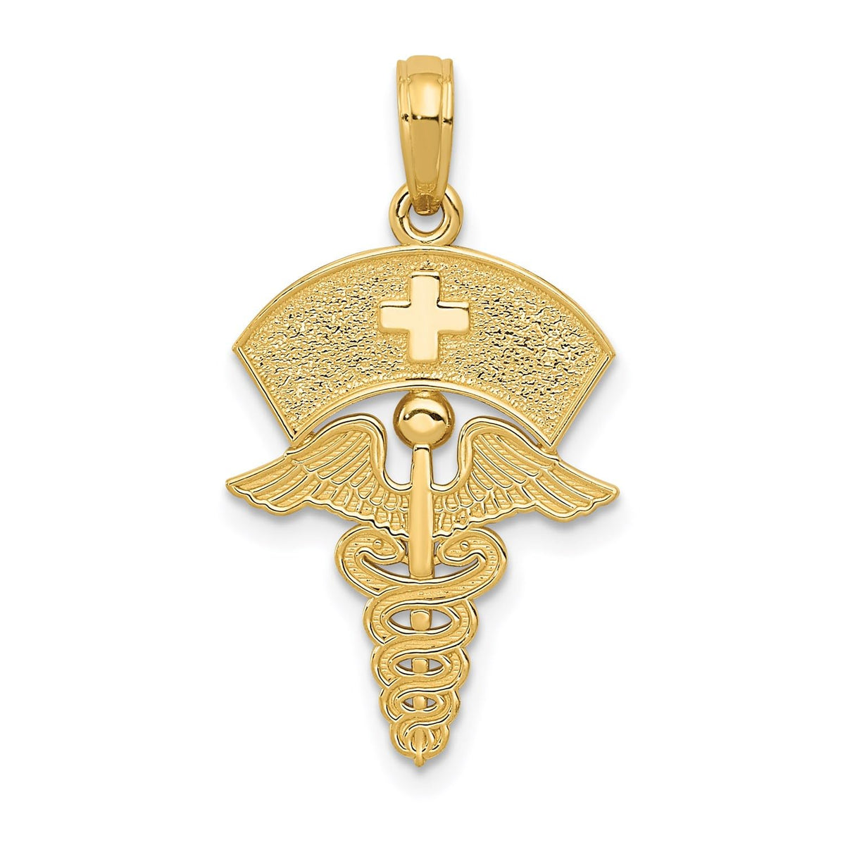 14k Yellow Gold Caduceus Registered Nurse Cap Pendant, 30x15mm - JewelryAffairs