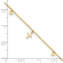 14K Yellow Gold Cross Charm Adjustable Anklet, 9-10 Inch