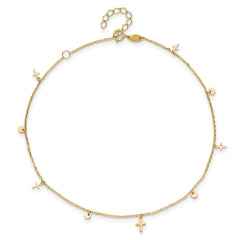 14K Yellow Gold Cross Charm Adjustable Anklet, 9-10 Inch