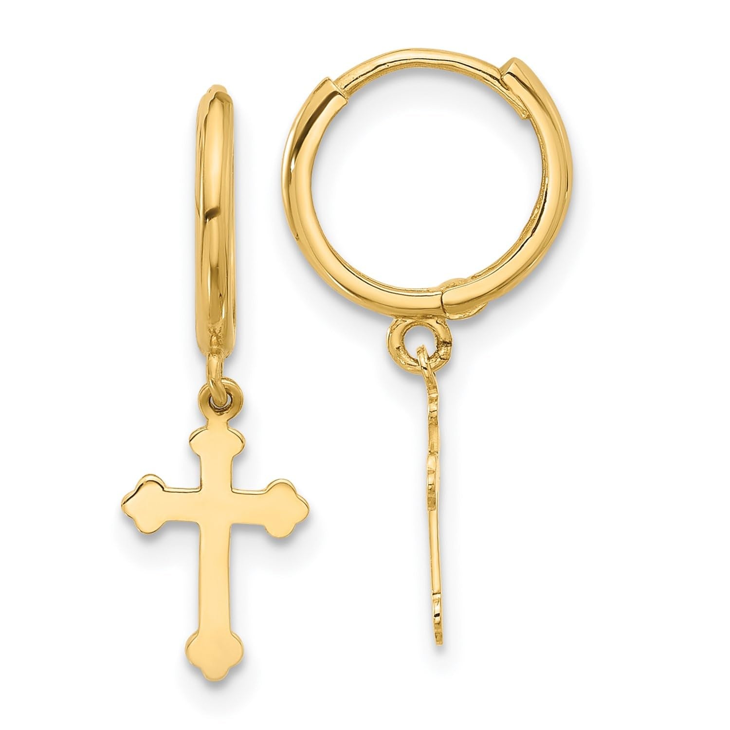14K Yellow Gold Cross Dangle Hoop Earrings, 22x7mm