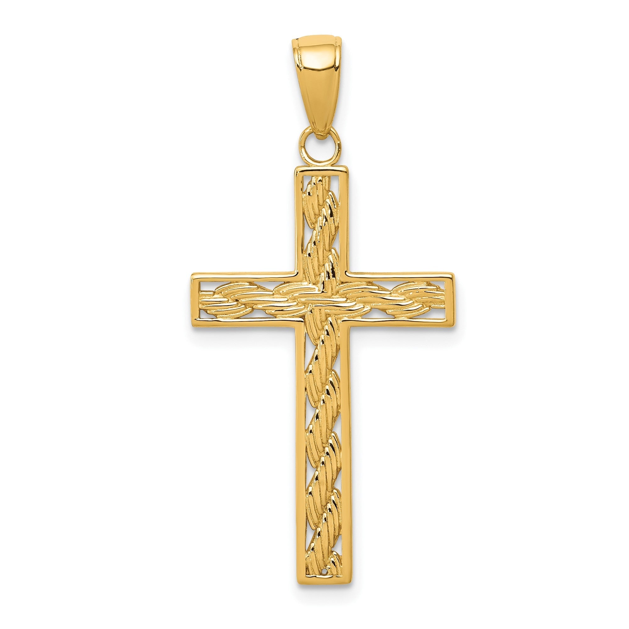 14K Yellow Gold Cross Pendant with Rope Design, 35x17mm - JewelryAffairs