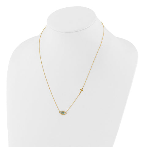 14K Yellow Gold CZ Evil Eye and Cross Pendant Adjustable Necklace, 18 to 20