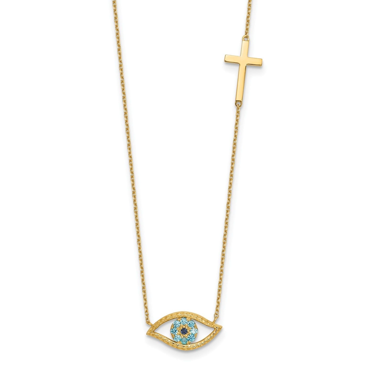 14K Yellow Gold CZ Evil Eye and Cross Pendant Adjustable Necklace, 18 to 20 - JewelryAffairs