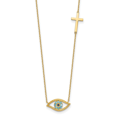 14K Yellow Gold CZ Evil Eye and Cross Pendant Adjustable Necklace, 18 to 20